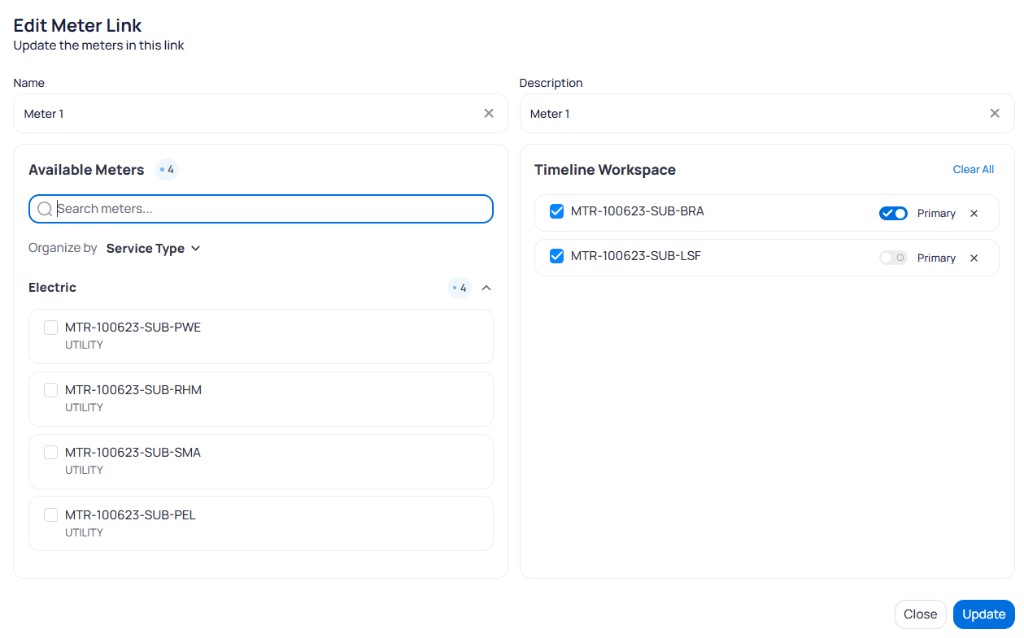 Meter Linking modal with Name and Description fields, Available Meters organized by Service Type on the left, Timeline Workspace on the right showing Cardboard meter with Primary toggle, and Close and Create buttons