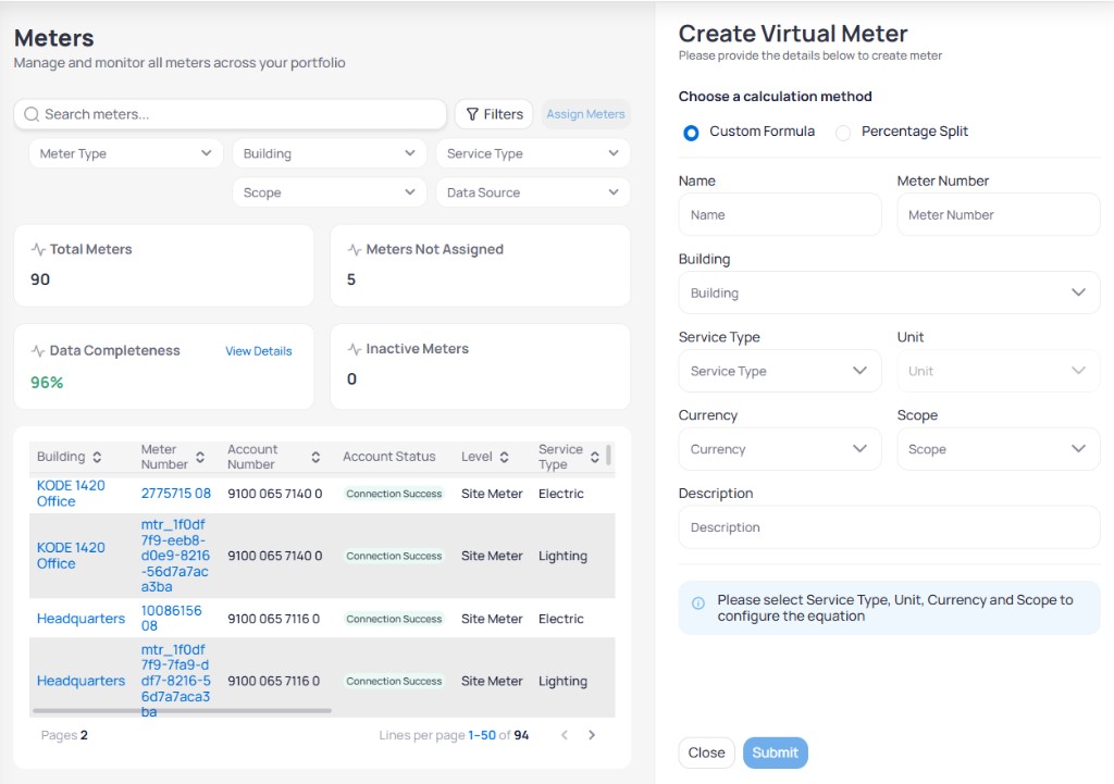 Create Virtual Meter panel with Custom Formula radio selected, fields for Name, Meter Number, Building, Service Type, Unit, Currency, Scope, and Description, and an info banner to select Service Type, Unit, Currency and Scope to configure the equation