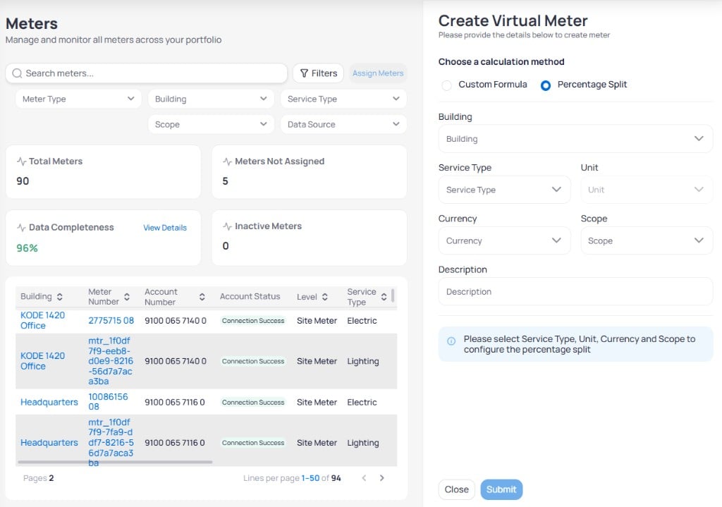 Create Virtual Meter panel with Percentage Split radio selected and an info banner to select Service Type, Unit, Currency and Scope to configure the percentage split