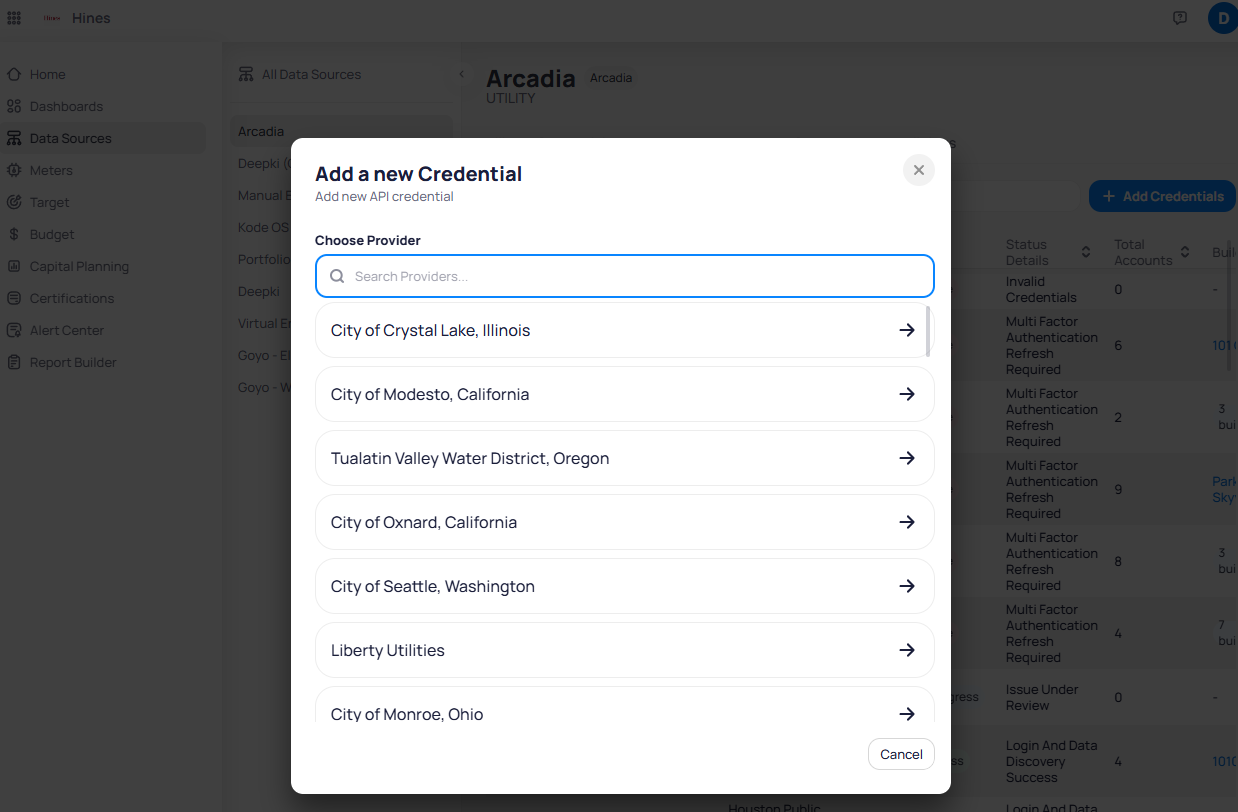 Add a new Credential dialog showing a provider search field and a list of utility providers including City of Crystal Lake, City of Modesto, Tualatin Valley Water District, and City of Seattle