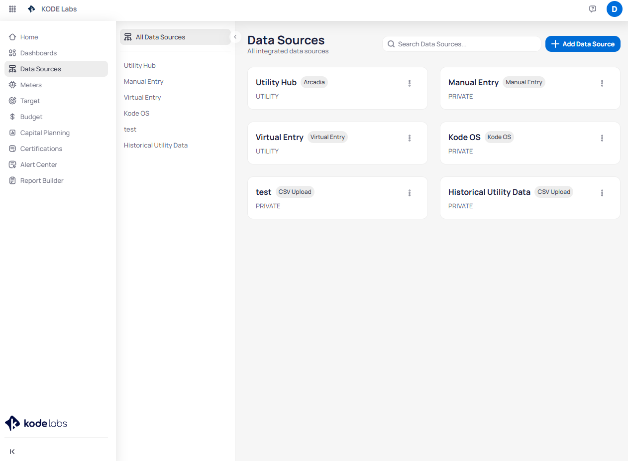 EnerG Data Sources page with Arcadia, Manual Entry, Kode OS, and CSV Upload source cards, and the Add Data Source button in the top-right corner