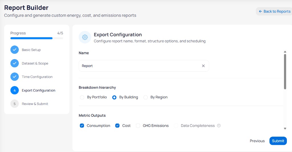 Report Builder Export Configuration showing Name field, Breakdown hierarchy with By Building selected, and Metric Outputs with Consumption and Cost checked