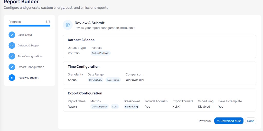 Review and Submit step showing Dataset and Scope Portfolio Entire Portfolio, Time Configuration Annual 2020 to 2026 Year over Year, Export Configuration with Consumption and Cost metrics By Building breakdown Include Accruals Yes XLSX format, and Download XLSX and Done buttons