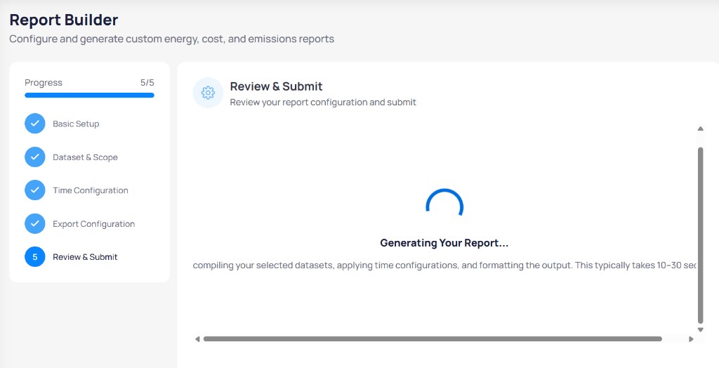 Report Builder Review and Submit step 5 of 5 with Generating Your Report loading spinner and message about compiling datasets and formatting output