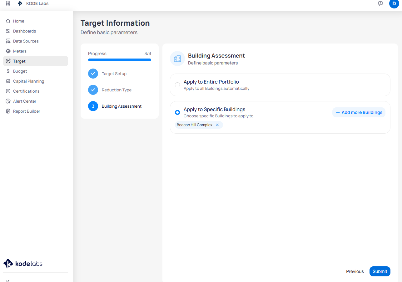 Target Information wizard step 3 showing Building Assessment with Apply to Specific Buildings selected