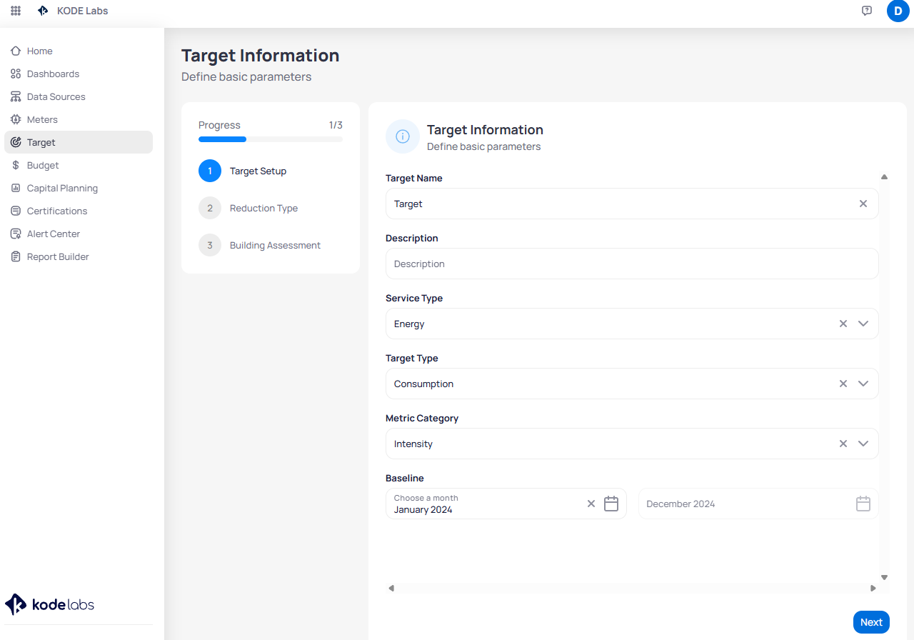 Target Information wizard step 1 showing Target Setup with service type, target type, metric category, and baseline date range fields