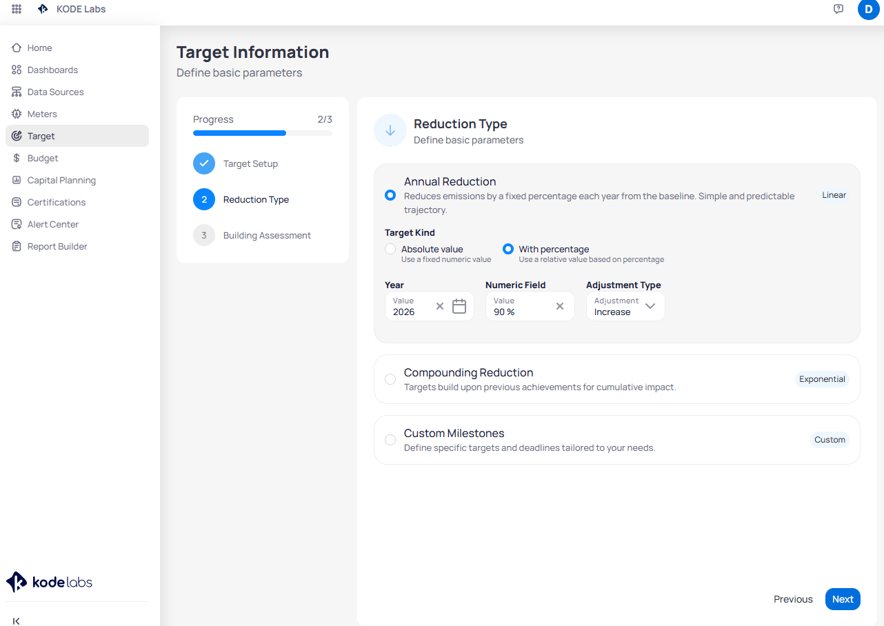 Target Information wizard step 2 showing Reduction Type options including Annual Reduction as Linear