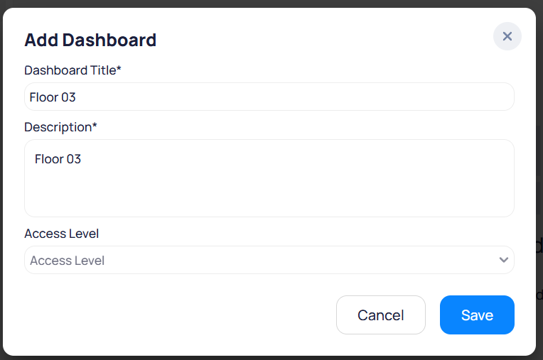 Add Dashboard dialog with Dashboard Title, Description, and Access Level fields