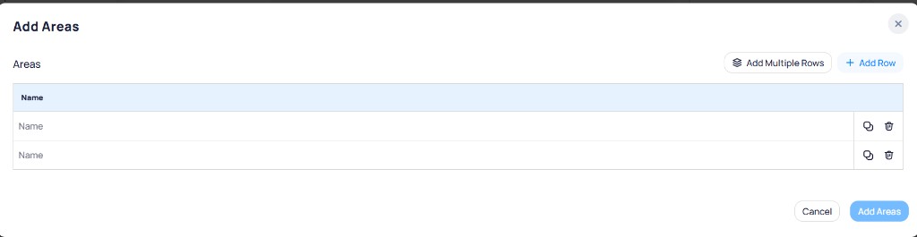 Add Areas dialog with two name input rows, Add Multiple Rows and Add Row buttons, and an Add Areas button