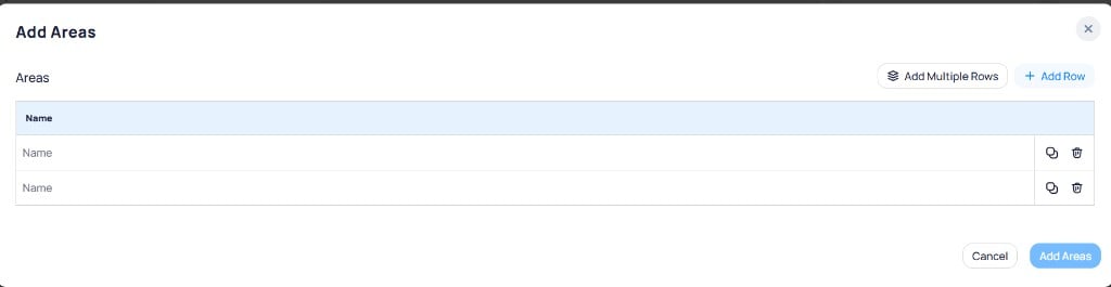 Add Areas dialog with two name input rows, Add Multiple Rows and Add Row buttons, and an Add Areas button