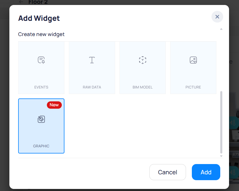 Add Widget dialog showing available widget types with the Graphic widget selected