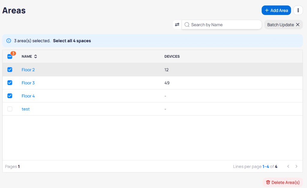 Areas list in Batch Update mode with three areas selected and a Delete Area(s) button in the lower right