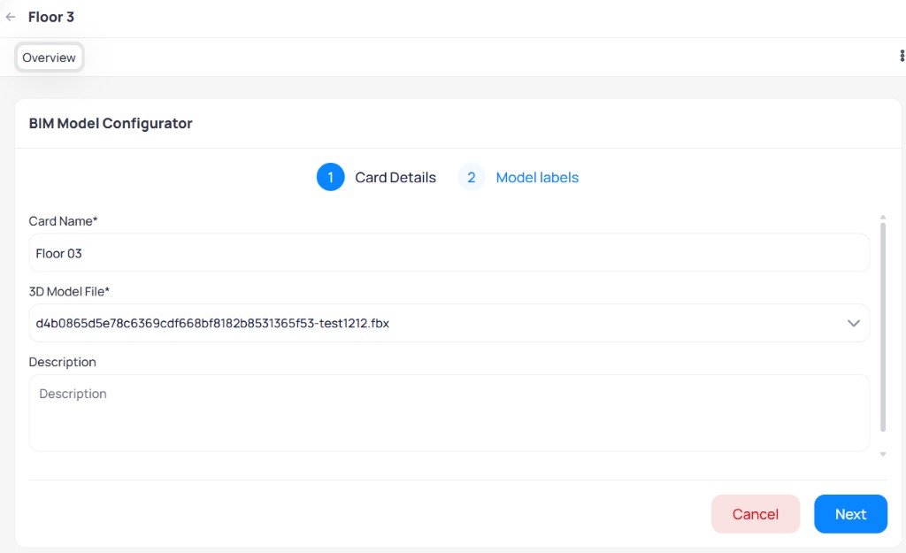 BIM Model Configurator Card Details step with Card Name Floor 03, 3D Model File dropdown showing an fbx file selected, and Description field