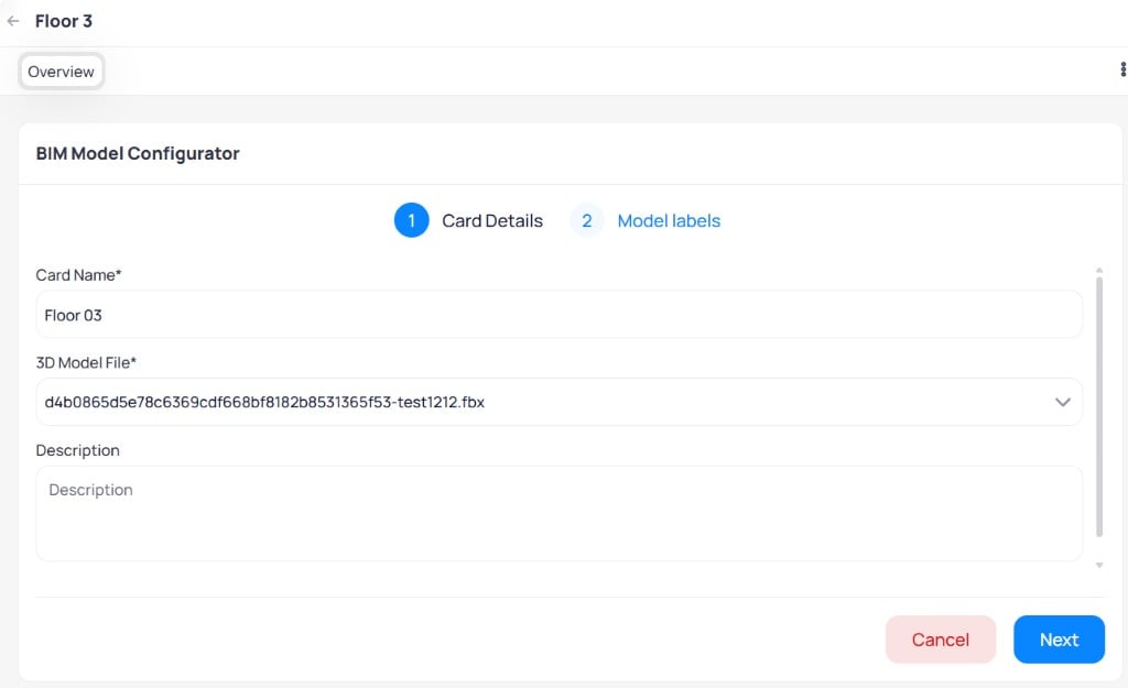 BIM Model Configurator Card Details step with Card Name Floor 03, 3D Model File dropdown showing an fbx file selected, and Description field