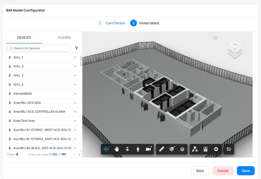 BIM Model Configurator Model labels step showing Devices tab with searchable device list and a 3D building floor model with navigation cube and viewer toolbar