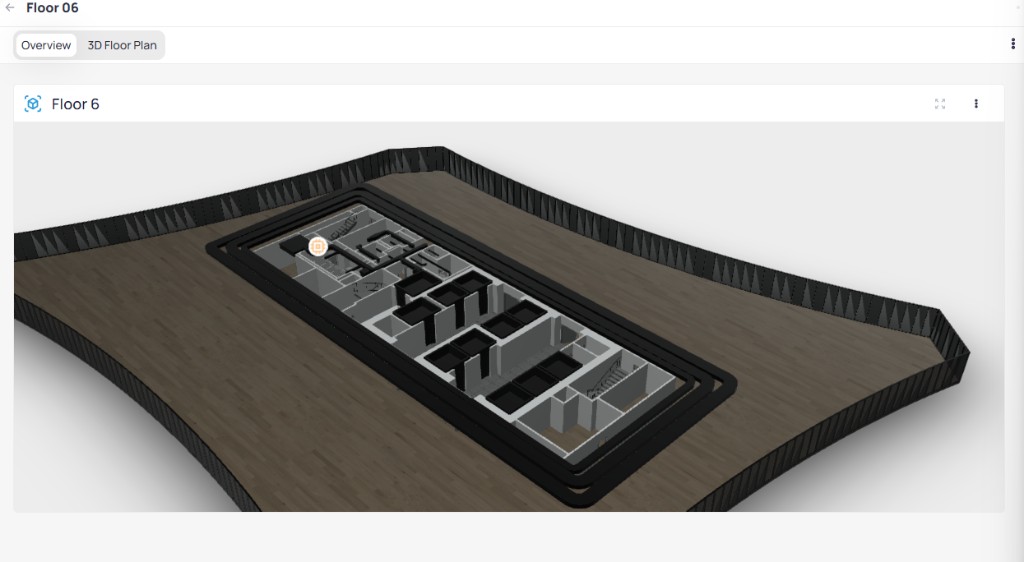 Floor 06 area dashboard with 3D Floor Plan tab showing Floor 6 BIM widget with 3D model and orange device point marker on the floor plan
