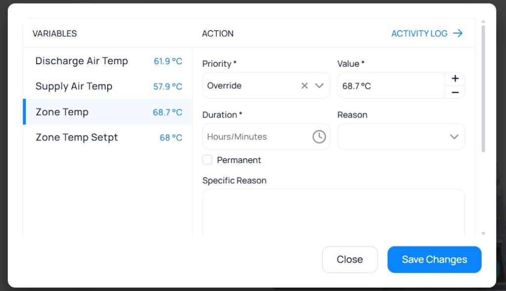Command panel showing device variables on the left and action fields for priority, value, duration, reason, and specific reason on the right