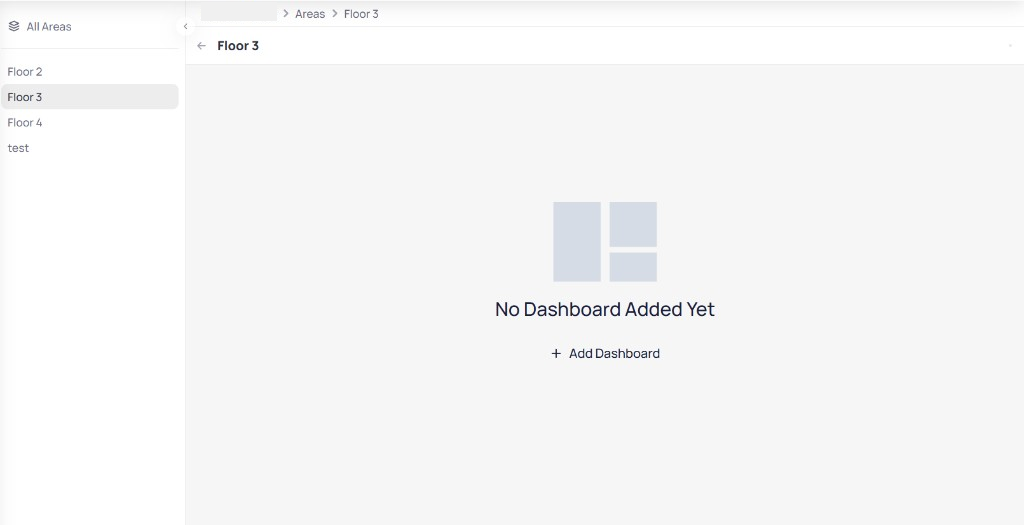 Floor 3 area view showing No Dashboard Added Yet message with an Add Dashboard button