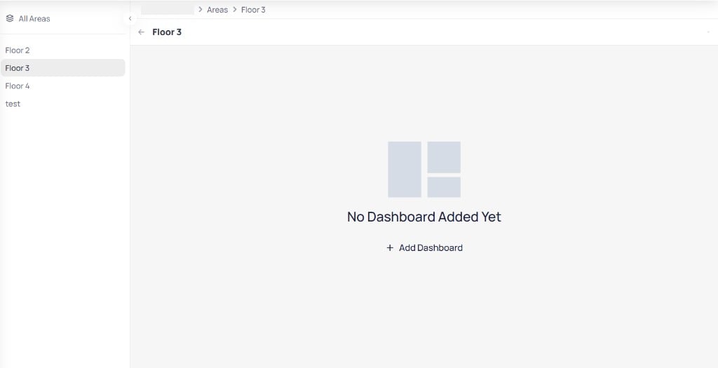 Floor 3 area view showing No Dashboard Added Yet message with an Add Dashboard button