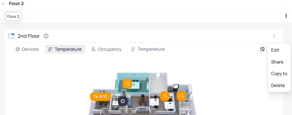 Area dashboard for Floor 2 showing a floor plan graphic with Devices, Temperature, and Occupancy layer tabs, and a three-dot menu with Edit, Share, Copy to, and Delete options