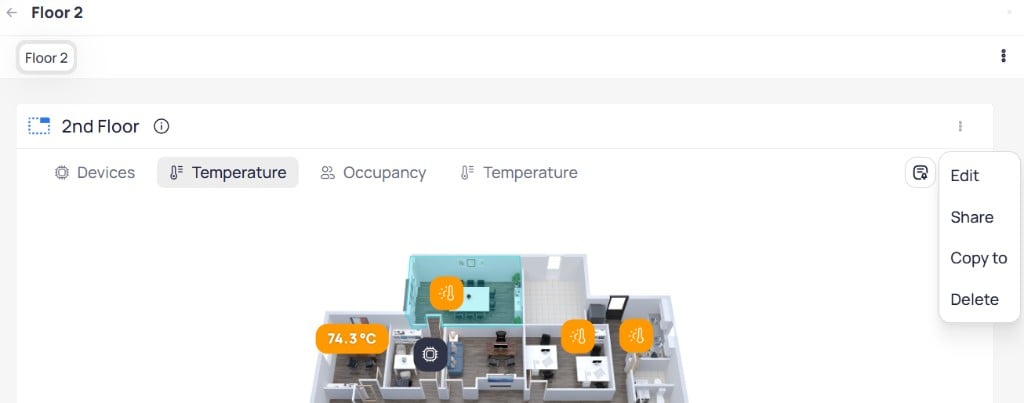 Area dashboard for Floor 2 showing a floor plan graphic with Devices, Temperature, and Occupancy layer tabs, and a three-dot menu with Edit, Share, Copy to, and Delete options