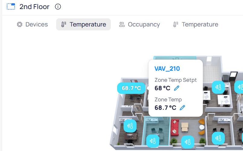 Expanded device marker for VAV_210 showing Zone Temp Setpt and Zone Temp values with edit icons