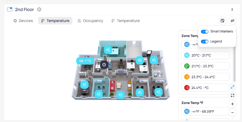 Floor plan view with Smart Markers and Legend toggles enabled, showing the legend panel with Zone Temp value ranges and corresponding icons