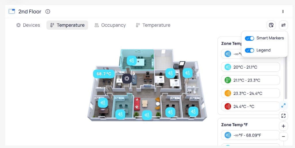 Floor plan view with Smart Markers and Legend toggles enabled, showing the legend panel with Zone Temp value ranges and corresponding icons