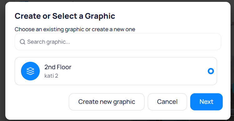 Create or Select a Graphic dialog showing a searchable list of existing graphics with an option to create a new graphic