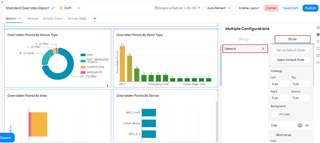 Multiple Configurations panel with Style tab showing only the General section when a donut chart and bar charts are selected together, with padding, background, and title settings visible