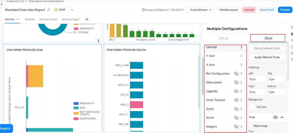 Multiple Configurations panel with Style tab showing General, Y-Axis, X-Axis, Bar Configuration, Data Labels, Legends, Chart Tooltips, Zoom, Scroll, and Margins sections when multiple bar chart widgets are selected