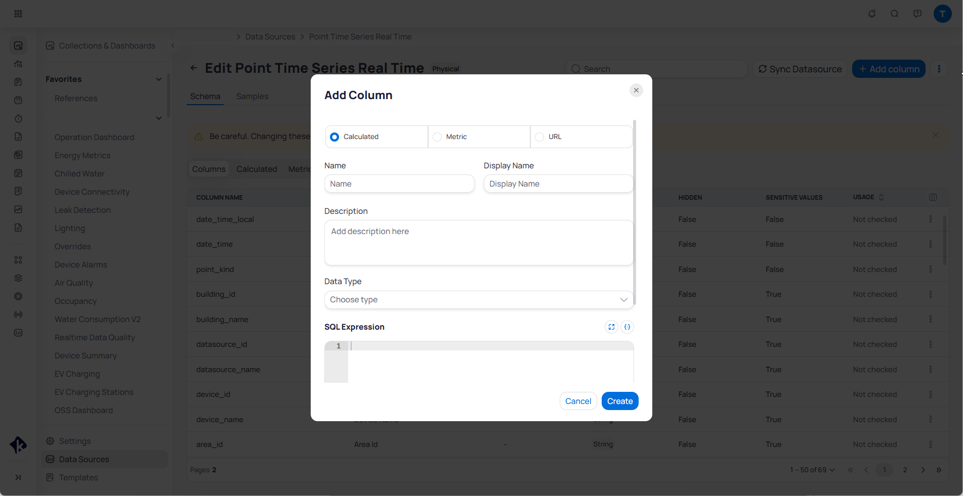 Add Column dialog with Calculated selected, Name and Display Name fields, Description, Data Type dropdown, SQL Expression editor, and Create button