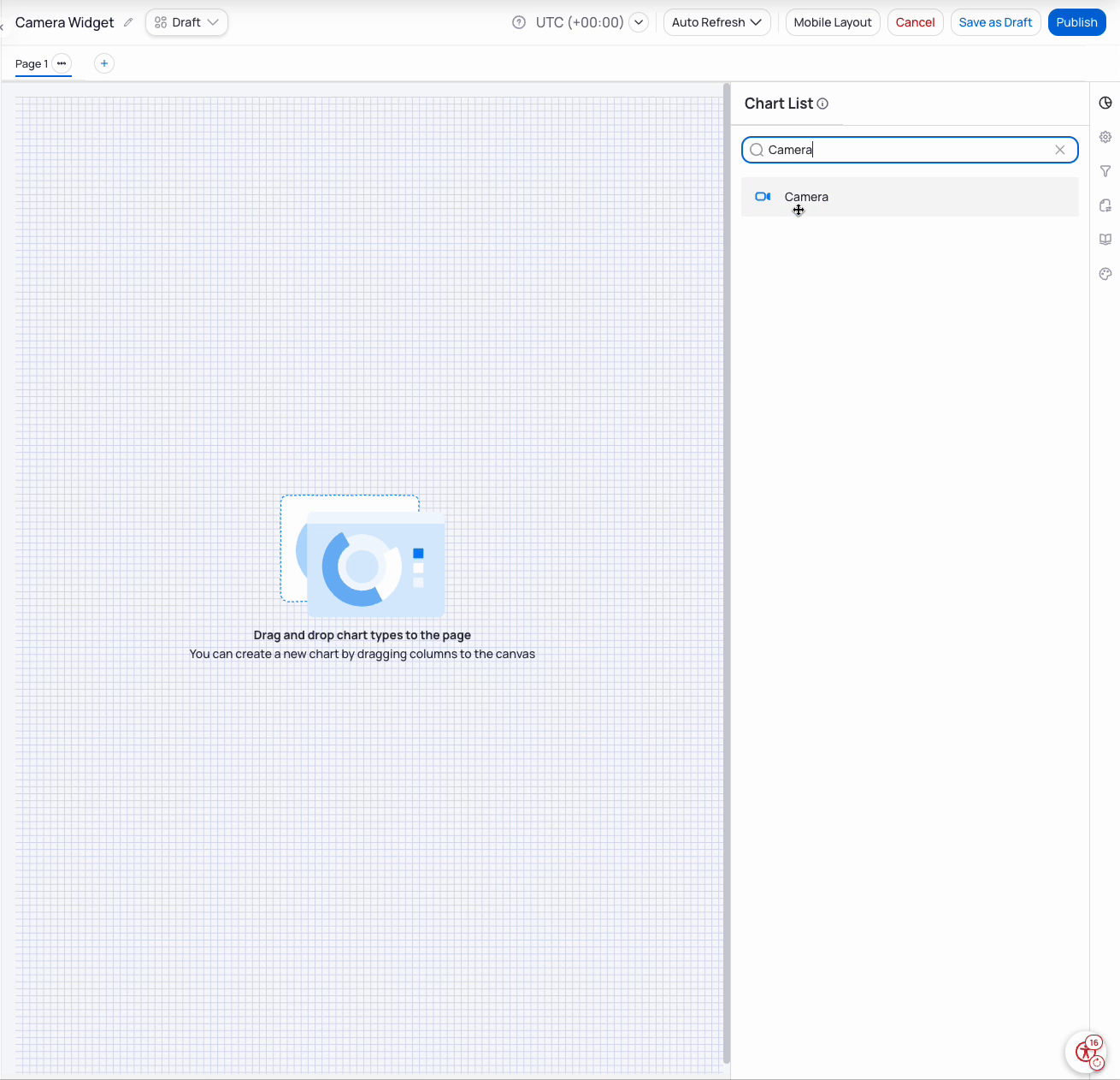 Building BI edit mode with Chart List search set to Camera and the Camera widget ready to drag onto an empty dashboard canvas
