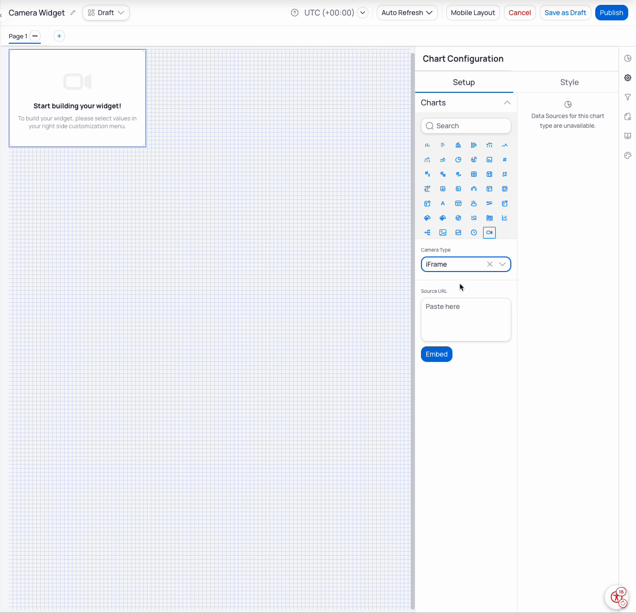 Chart Configuration Setup tab with Camera selected, Camera Type set to iFrame, Source URL paste field, and Embed button