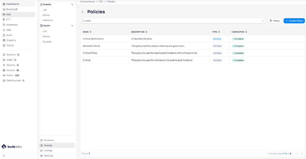 Policies list showing configured notification policies with name, description, type, and completion status