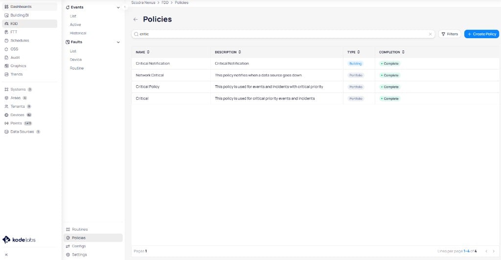 Policies list showing configured notification policies with name, description, type, and completion status