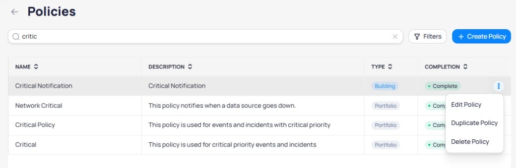 Policy row actions showing Edit Policy, Duplicate Policy, and Delete Policy options