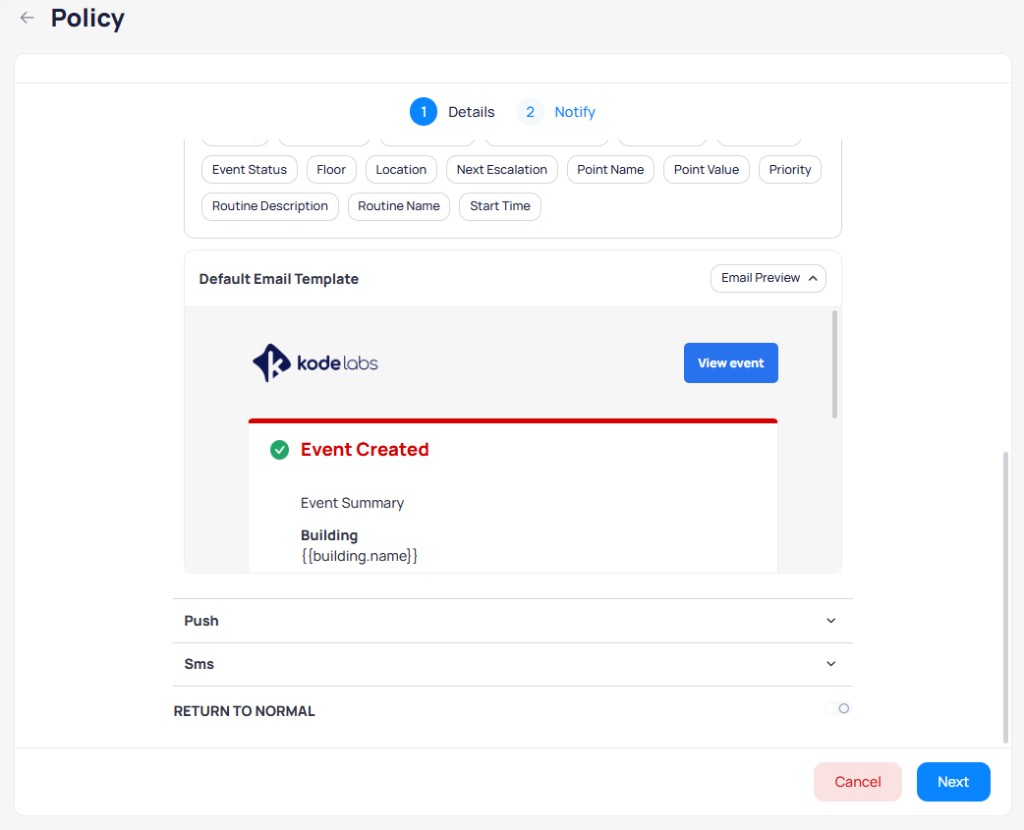 Default email template showing Event Created header, event summary with building name, and View event button