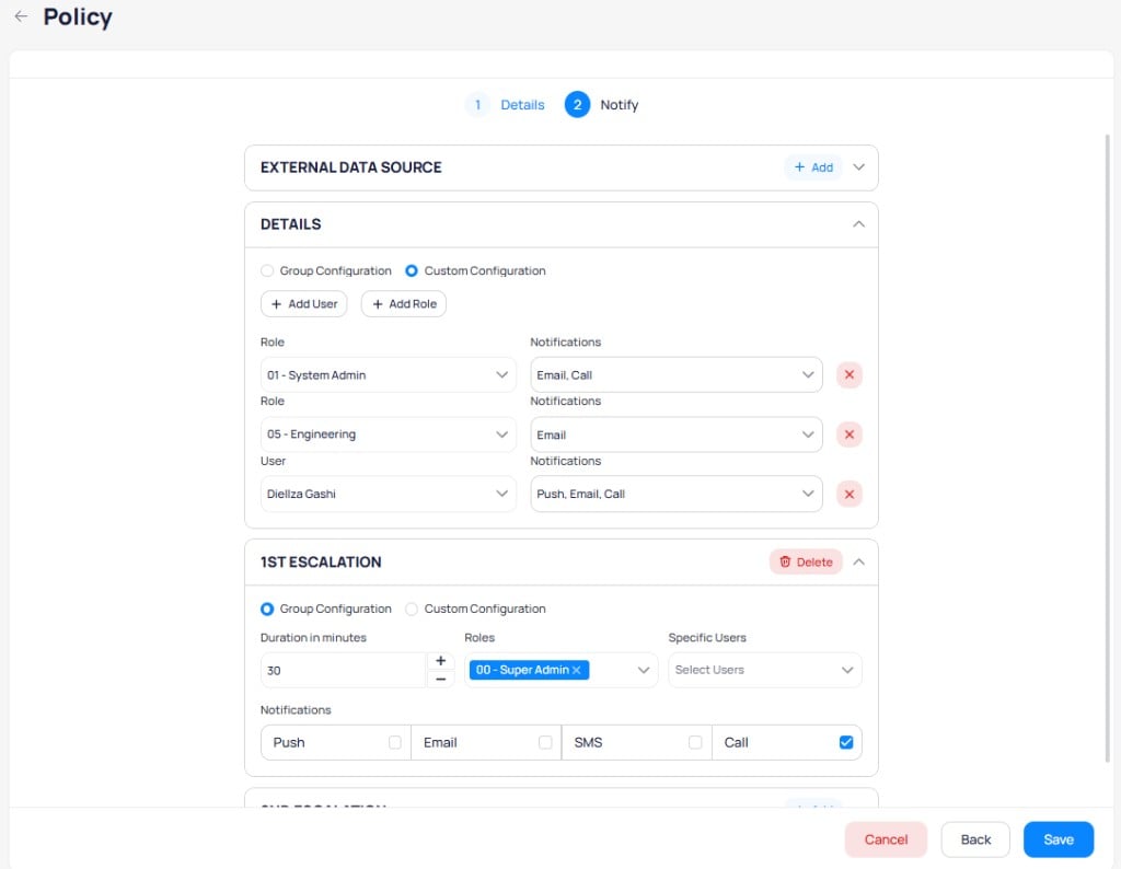 Notify step showing Custom Configuration with individual role and user rows, each with their own notification channel selection