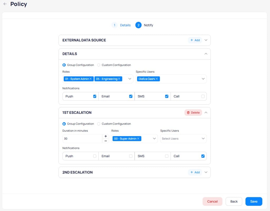 Notify step showing Group Configuration with roles, specific users, escalation tiers, and notification channel checkboxes
