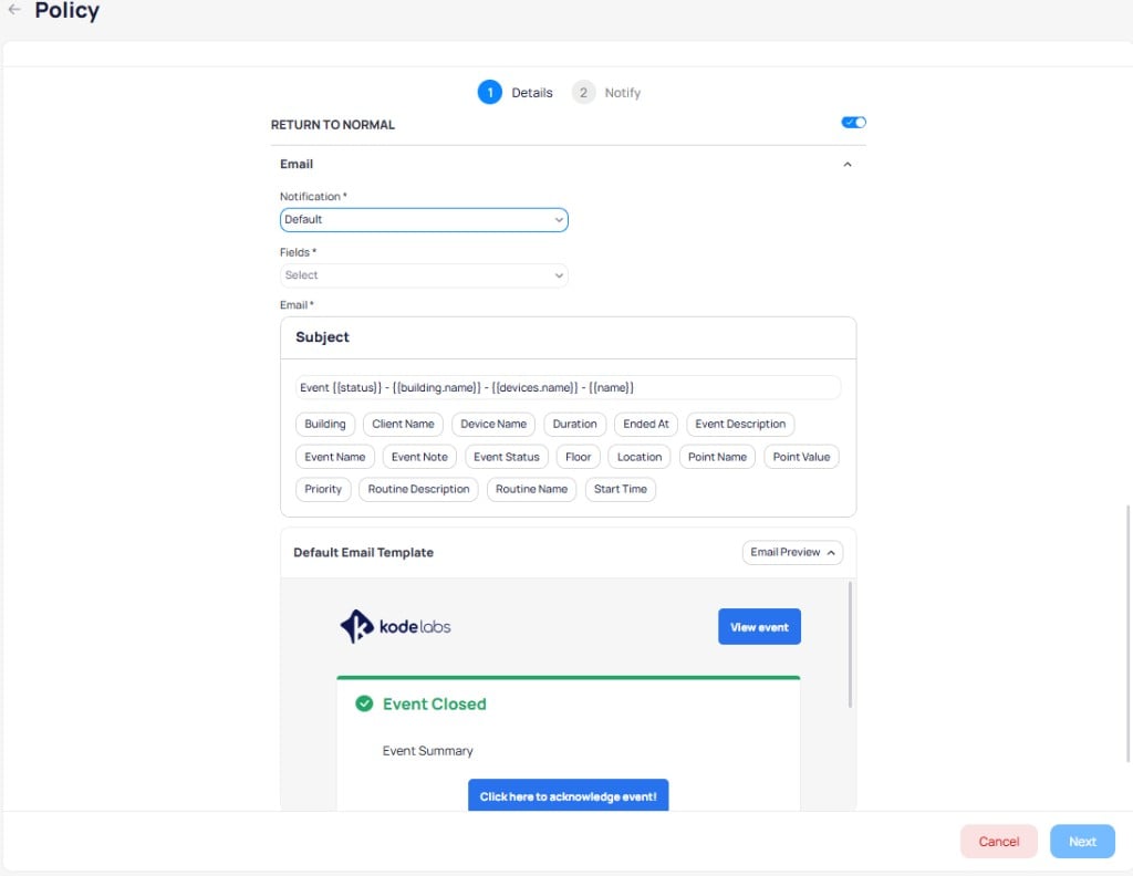 Return to Normal section enabled, showing email notification with Default selected, subject line, available tokens, and Event Closed email template preview