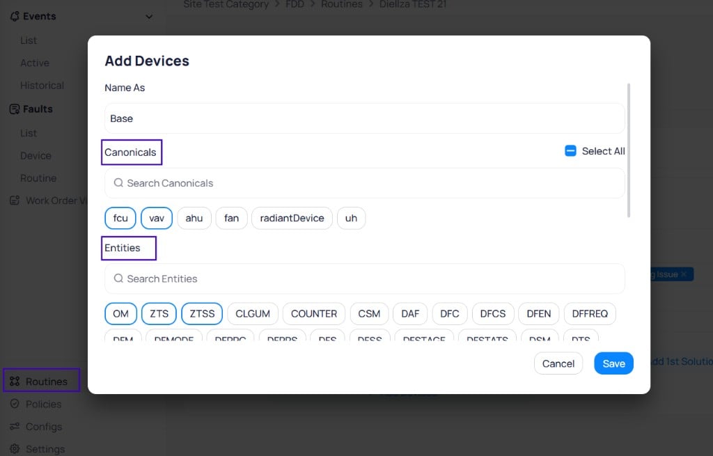 Add Devices dialog with Name As set to Base, a Canonicals section showing selectable tags for fcu, vav, ahu, fan, radiantDevice, and uh, and an Entities section showing selectable tags for OM, ZTS, ZTSS, CLGUM, COUNTER, CSM, DAF, DFC, DFCS, DFEN, DFFREQ and more, with Cancel and Save buttons