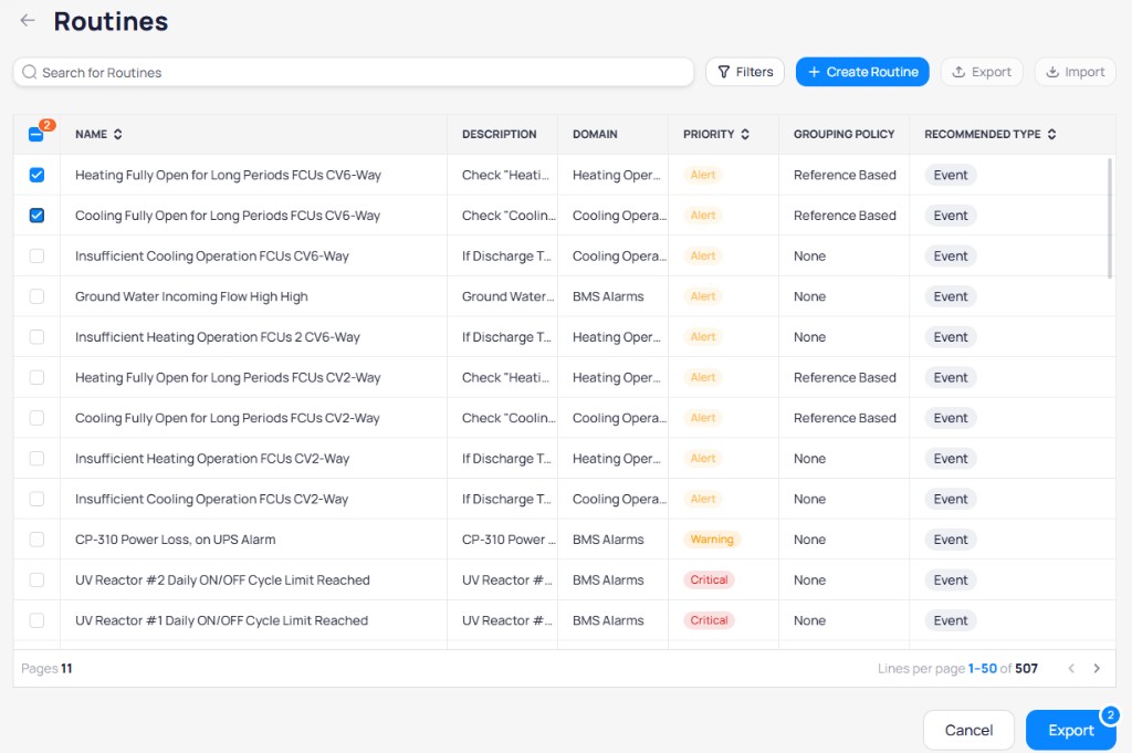 Routines page with two routines selected via checkboxes, with Cancel and Export buttons at the bottom showing a count of 2 selected