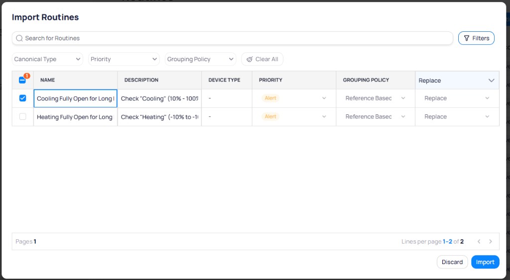 Import Routines review page with editable routine fields and conflict resolution options