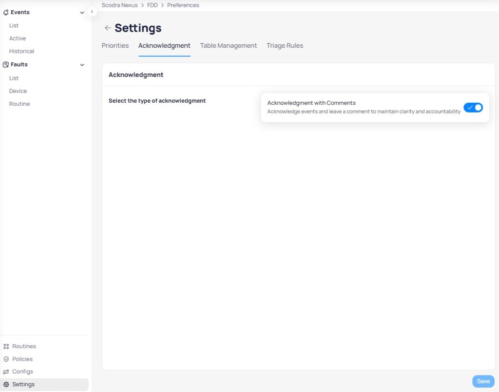 FDD Settings page showing the Acknowledgment tab with a single option: Acknowledgment with Comments toggle enabled, with the description Acknowledge events and leave a comment to maintain clarity and accountability, and a Save button at the bottom right