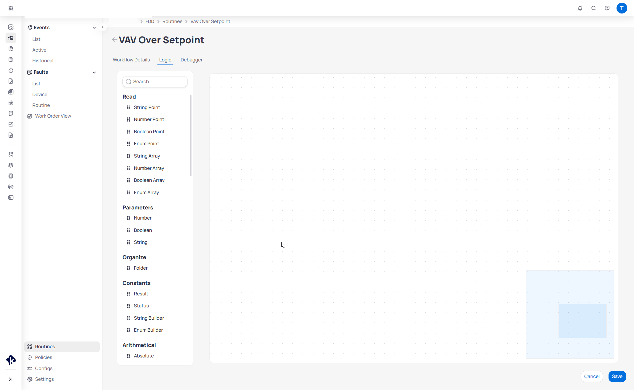 Dragging two Number Point blocks onto the Logic canvas and setting Main sensor and Secondary setpoint fields