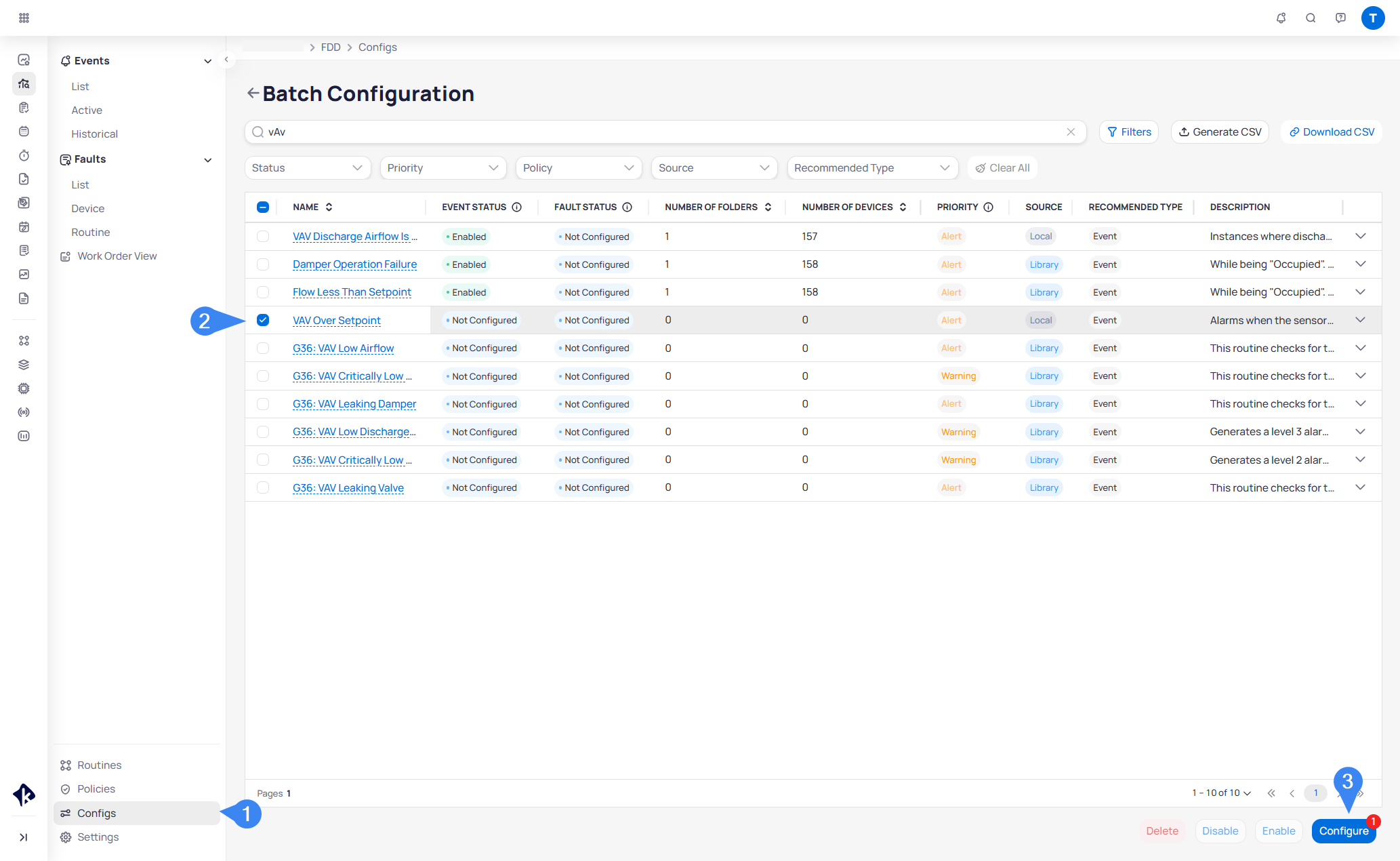 Batch Configuration page with callouts for Configs in the sidebar, VAV Over Setpoint selected, and the Configure button