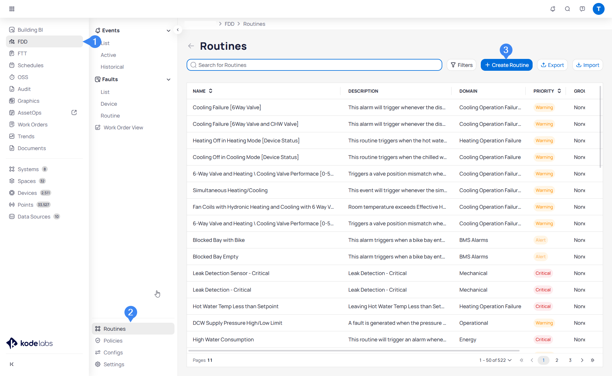 Routines page with callouts for FDD in the sidebar, Routines in the secondary menu, and the Create Routine button