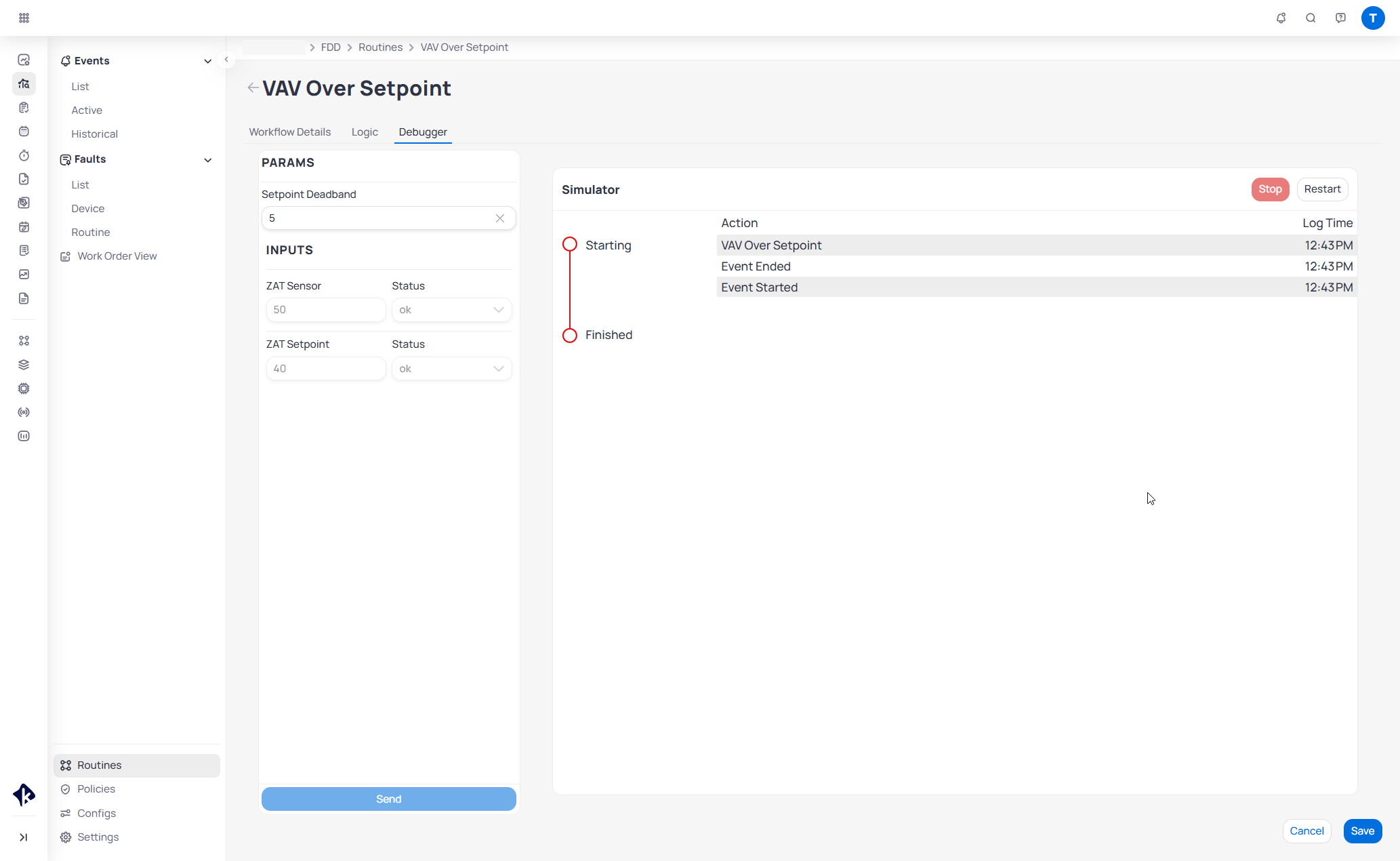 Debugger tab showing Setpoint Deadband 5, ZAT Sensor 50, ZAT Setpoint 40, and Simulator log with Event Started and Event Ended