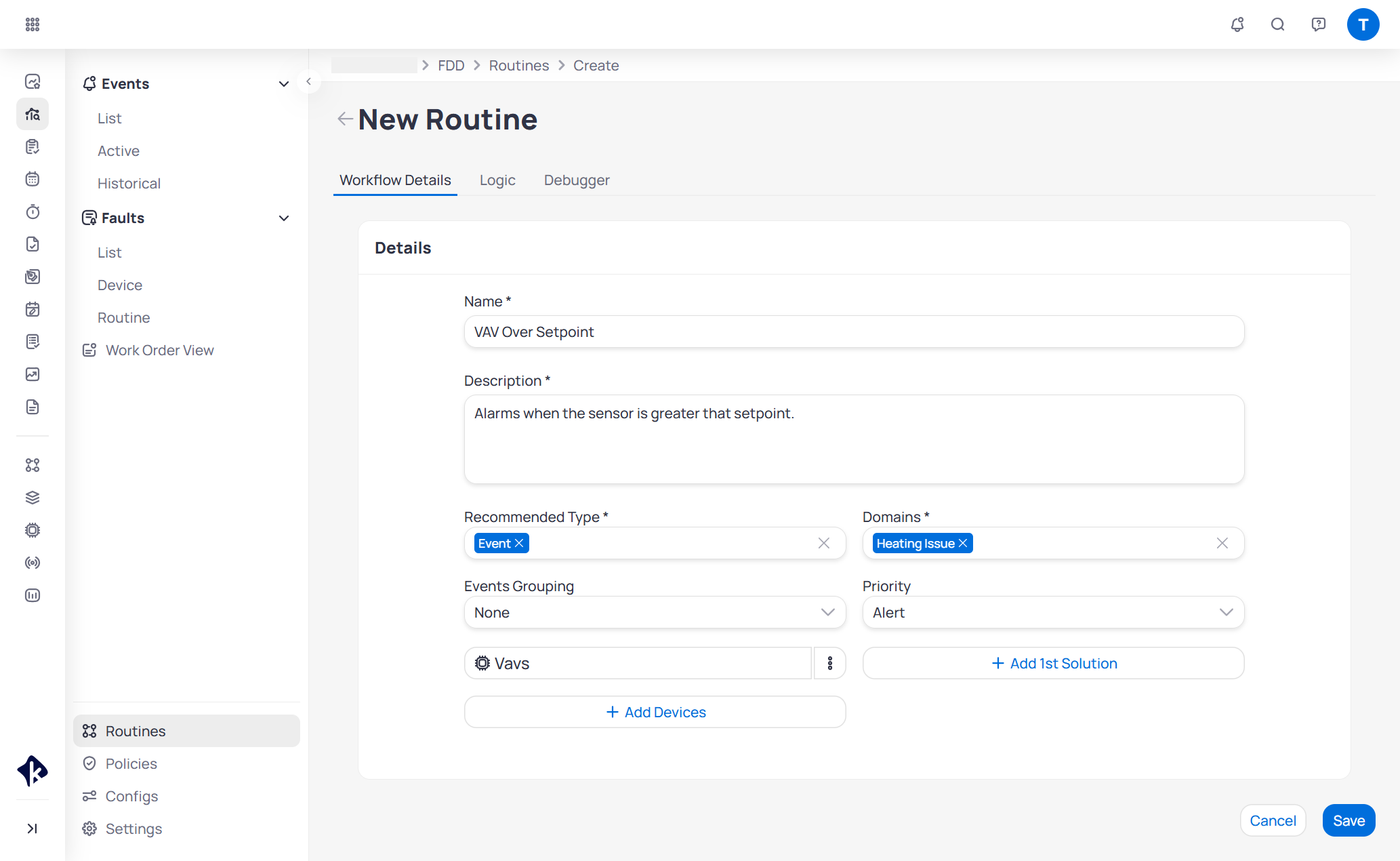 Workflow Details tab with Name VAV Over Setpoint, Recommended Type Event, Domains Heating Issue, Events Grouping None, Priority Alert, and a Vavs device group